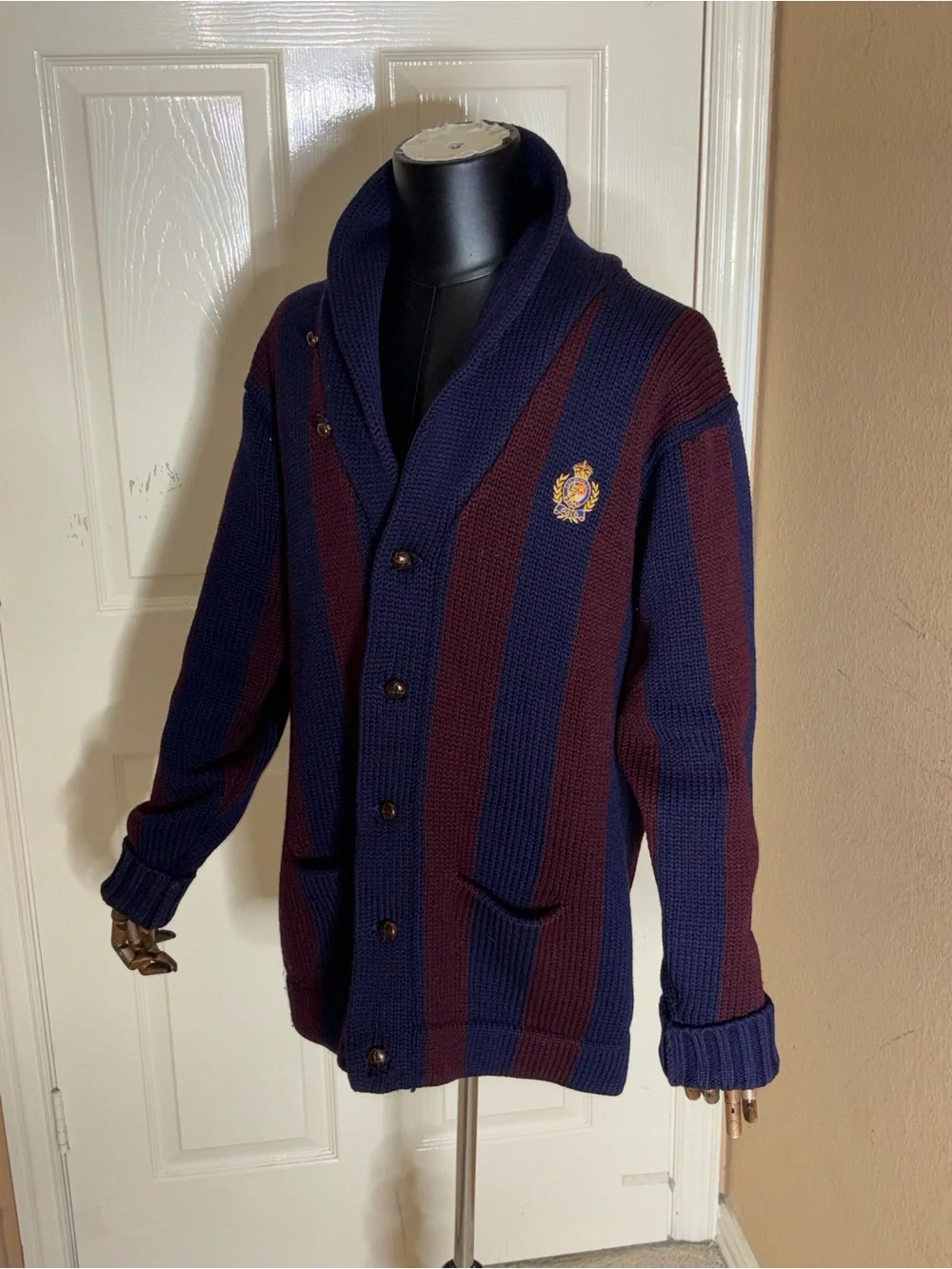 POLO RALPH LAUREN Stripe Shawlcollar Sweater Cardigan Mens Wool Crest Patch Sz L